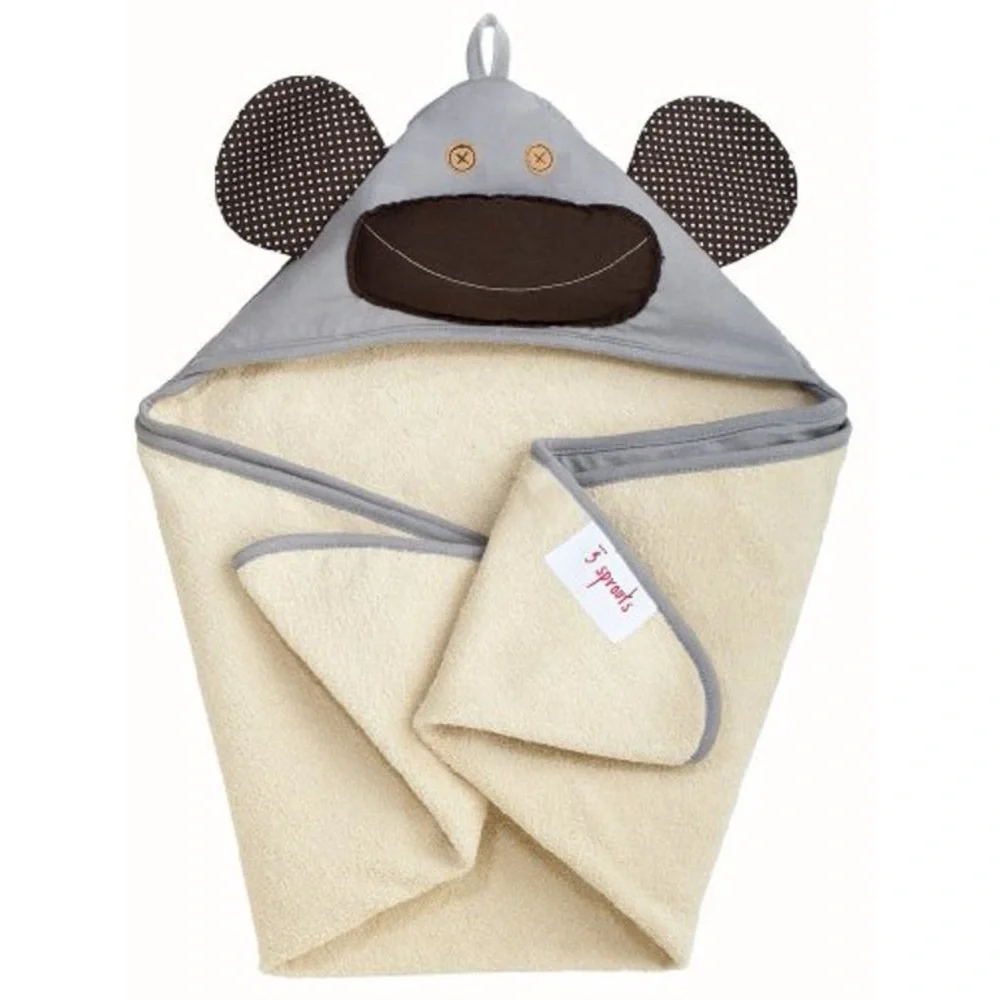 NWT - 3 Sprouts Organic Hooded Gray Monkey Towel Size 31”x31”